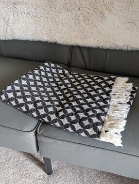 West Elm Turkish Cotton Black and Cream Geometric Fringe Boh Throw Blanket